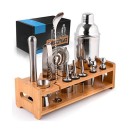 24 Piece Professional Stainless Steel Bartender Set with Bamboo Stand